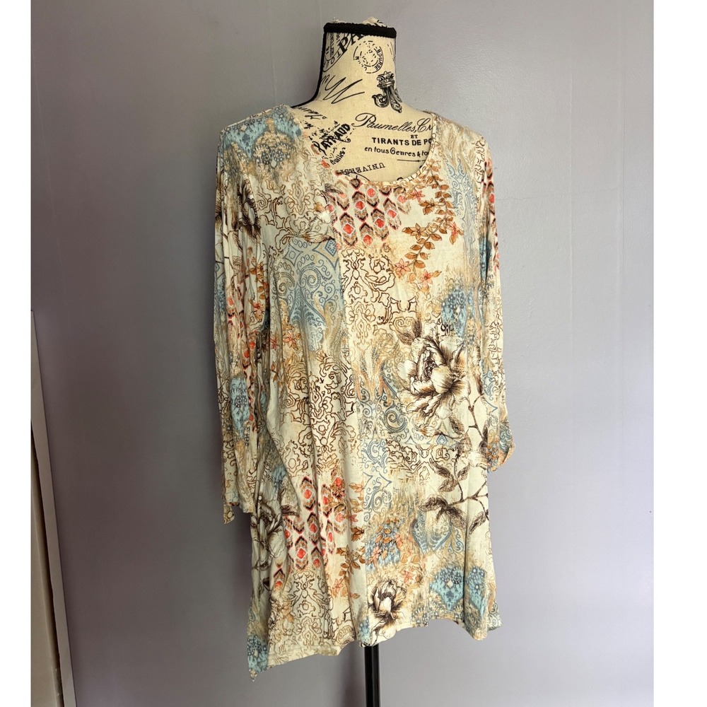 Zenergy by Chicos Womens Sz 2 Mixed Print Roll Tab Sleeve Tunic Top Blue Orange